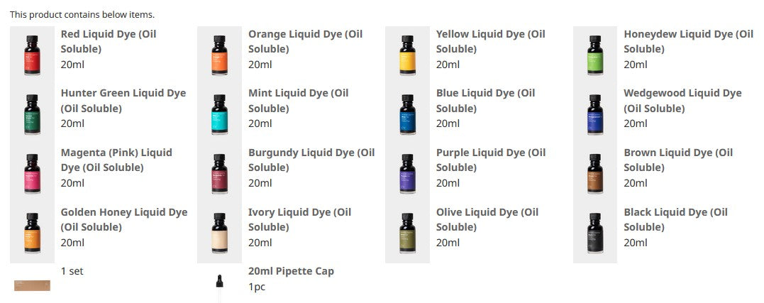 Liquid Dye (Oil Soluble) 液體染料(油溶性)20ml x 16 Colors Set